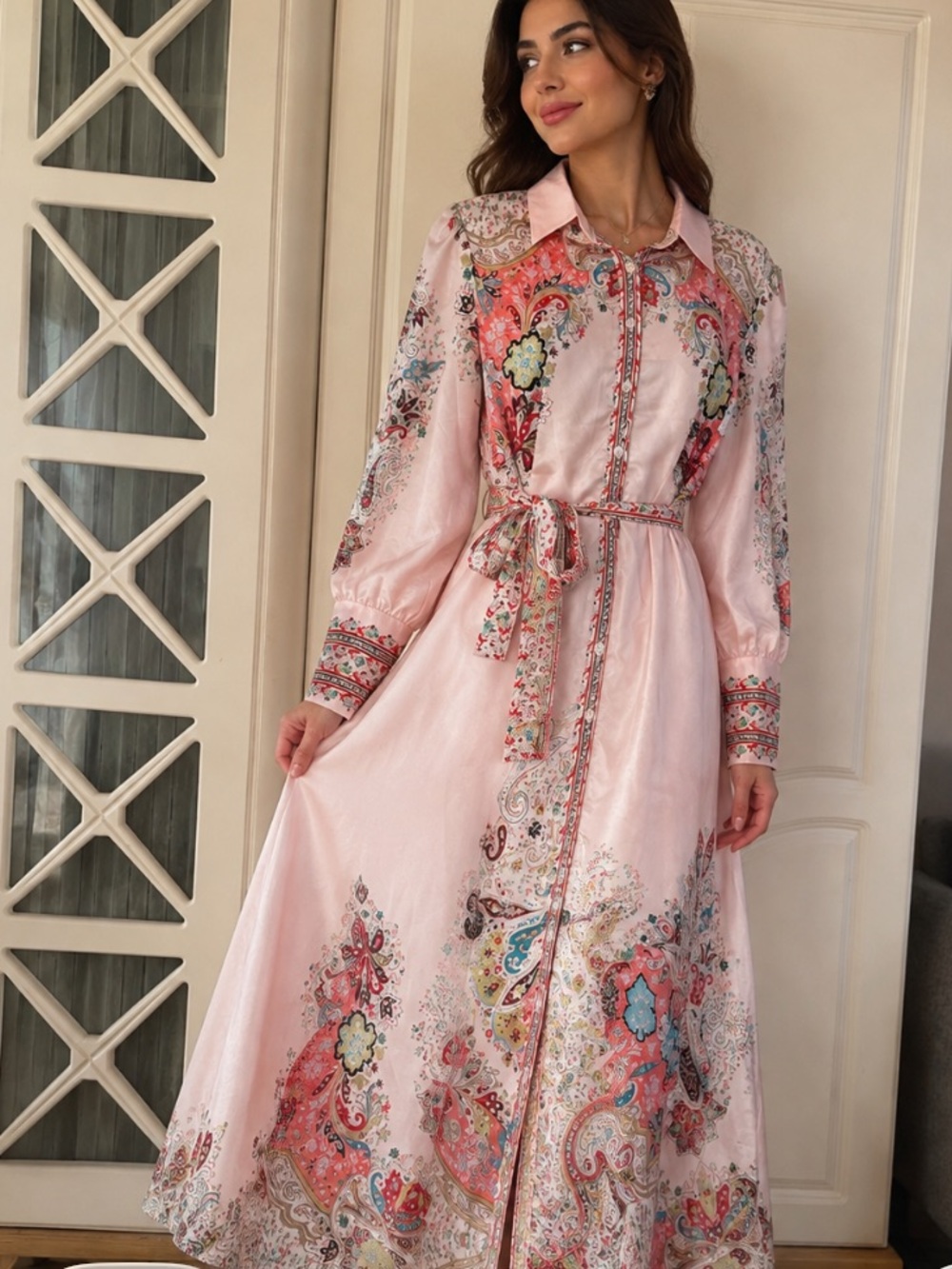 Elegant Pink Paisley Shirt Dress with Tie Waist